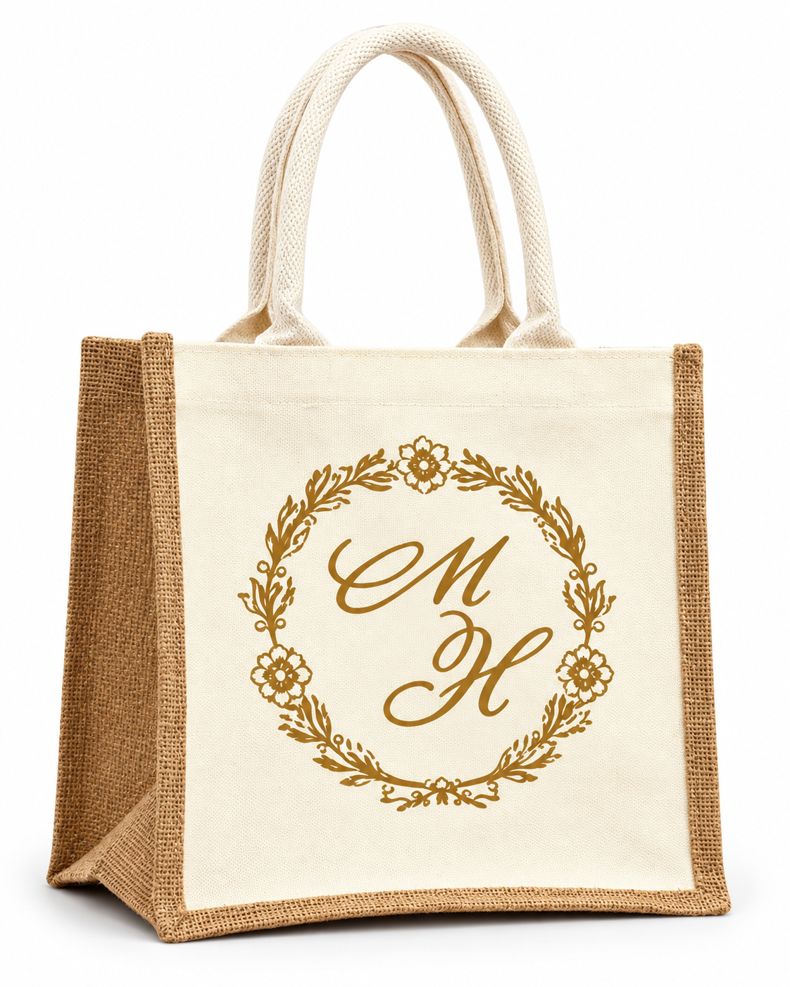 Cream canvas and jute tote bag with gold monogram wreath