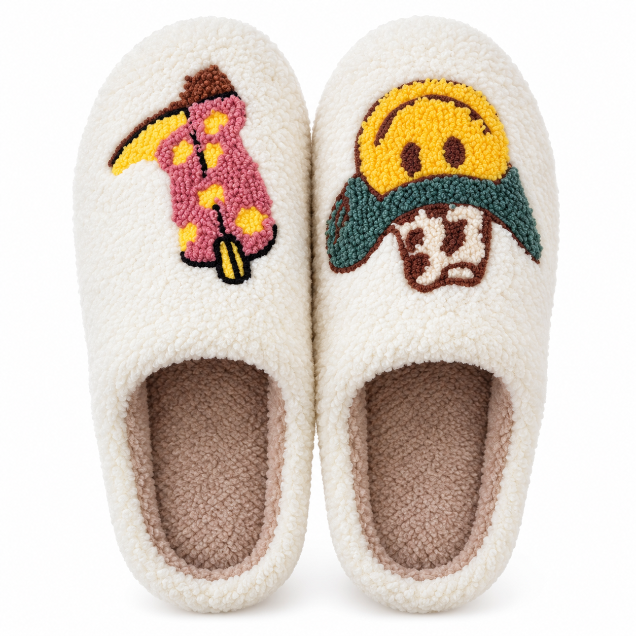 White slippers with colorful smiley-cowboy designs