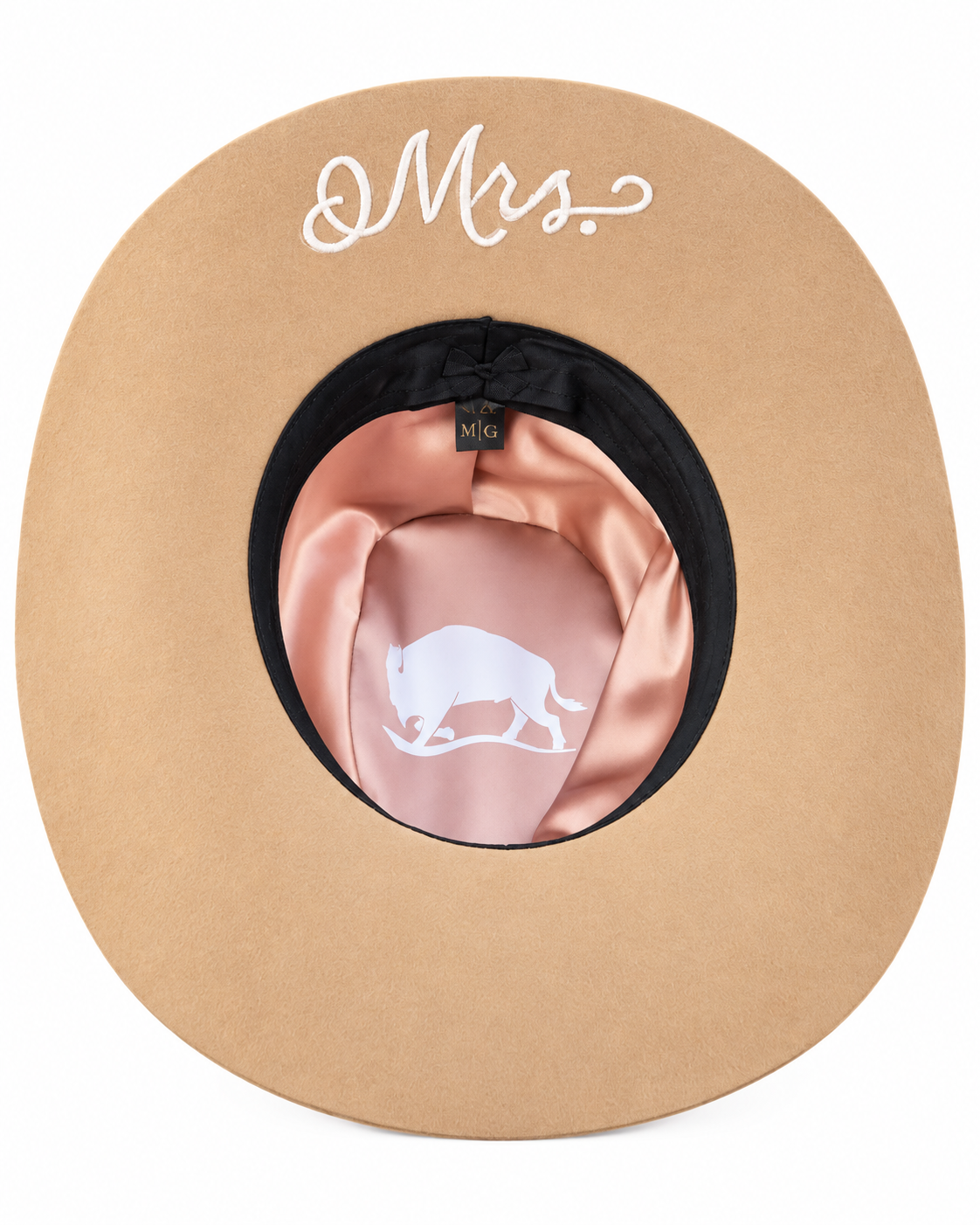 Tan cowboy hat embroidered with Mrs. on pink satin lining
