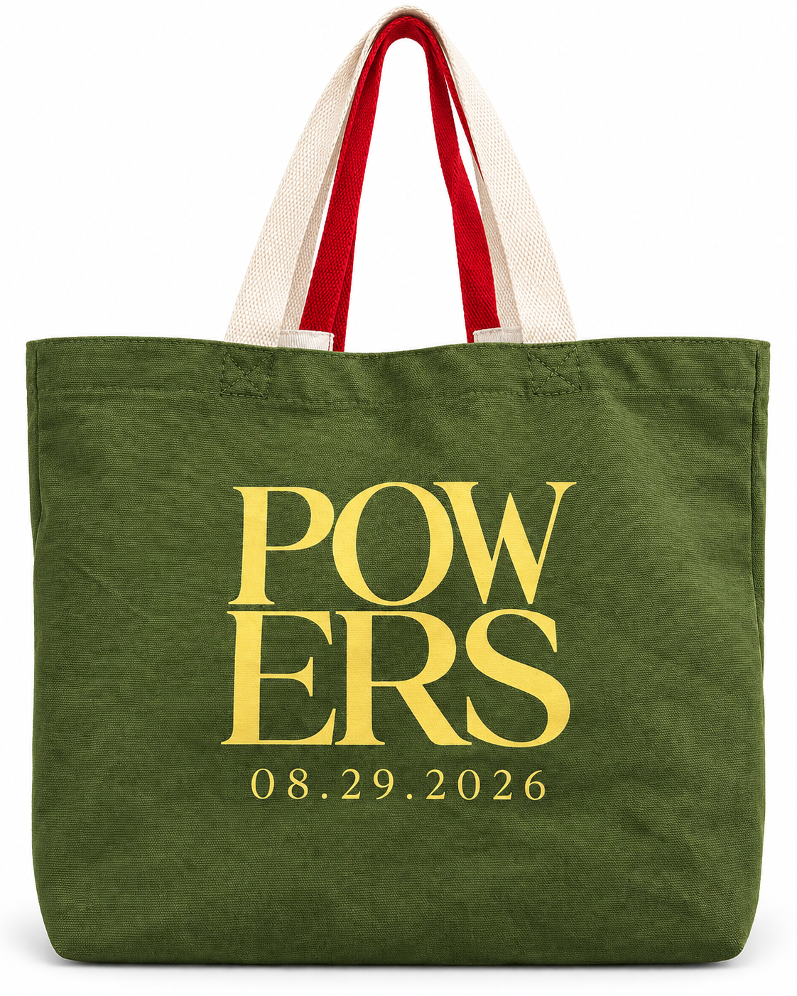 Green POWERS welcome tote with gold lettering